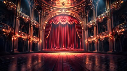 Elegant empty grand theater with ornate architecture, featuring a large red curtain and dim ambient lighting on stage.
