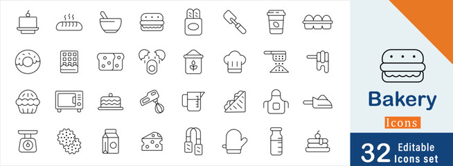 Bakery line stroke icon set Coffee cup, Hamburger, Chocolate bar, Sandwich, Biscuit, Knife and more editable icon