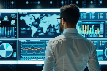 Business professional analyzing global data on multiple monitors in a modern technological office for financial insights.