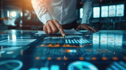 Business professional analyzing data on futuristic touch screen table in a modern office setting, highlighting technology and finance.