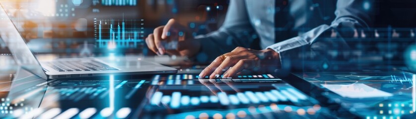 Business professional using laptop and technology gadgets for data analysis and report generation in a modern office setting.