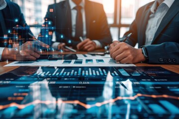 Business professionals analyzing financial data charts and graphs in a meeting, highlighting growth and performance trends.