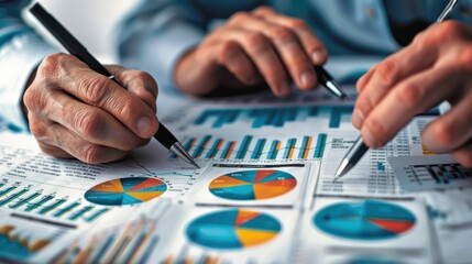 Business professionals analyzing financial data with charts and graphs, discussing strategies and performance metrics.
