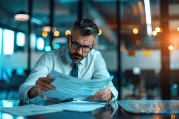 Fototapeta premium Businessman reviewing documents at modern office. Professional working late, focused on analysis. Corporate environment with blurred background.