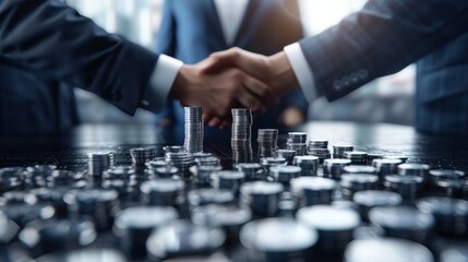 Businessmen shaking hands over a table filled with coins, symbolizing financial agreement, partnership, and successful negotiation.