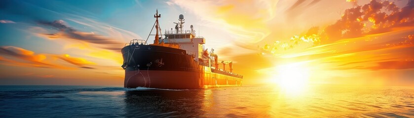 Cargo ship sailing at sunset with colorful sky and calm sea, symbolizing maritime transport and global trade.
