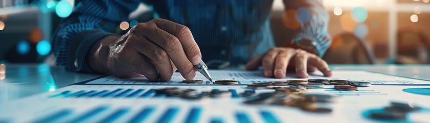 Close-up of a person analyzing financial charts and graphs on a table with a pen in hand, highlighting business and data analysis