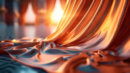 Close-up of luxurious flowing orange fabric in dramatic lighting, creating a sense of elegance and sophistication in an opulent setting.