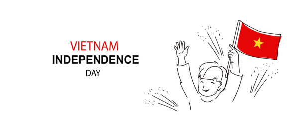 line art of Vietnam independence Day.  cute child holds a Vietnam flag in his hands. A hand-drawn vector doodle banner, copy space.Happy Vietnam Independent Day. 