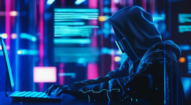 A mysterious cybercriminal hacks into a computer in a neon-lit digital environment, surrounded by binary code suggesting illicit online activity.