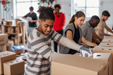 Diverse group of male and female volunteers sorting donations into cardboard boxes in charity center