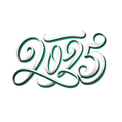 A white calligraphy design of the year 2025, with a green outline, is isolated on a white background. Generative AI