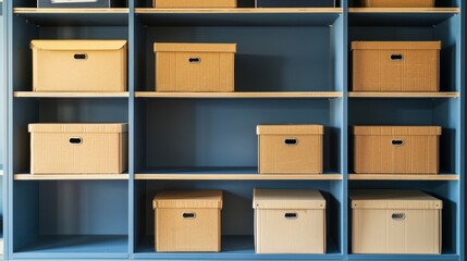 Blue Shelving Unit with Cardboard Storage Boxes