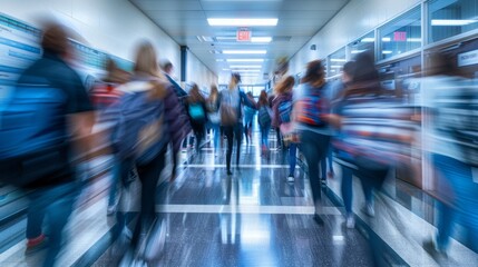 Blurred Motion of Students in a School Hallway - Abstract, Dynamic, and Educational