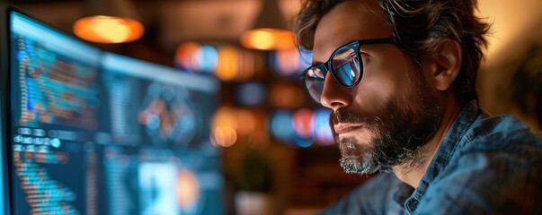 Focused male programmer with glasses coding on computer screens in modern workspace with bokeh lighting, technology and development concept.