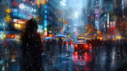 Fototapeta premium Rainy Night Cityscape Through Window.