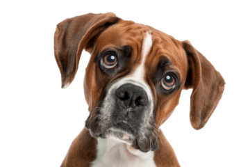 Close-up of an adorable brown Boxer dog with a curious expression on a white background, perfect for pet lovers and dog-related content.