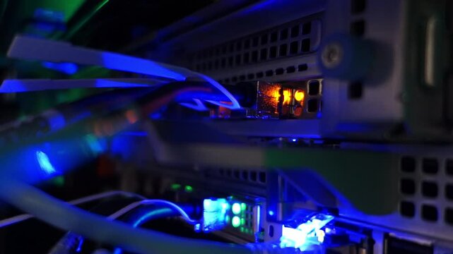network cables connected to switch - closeup of data center hardware technology