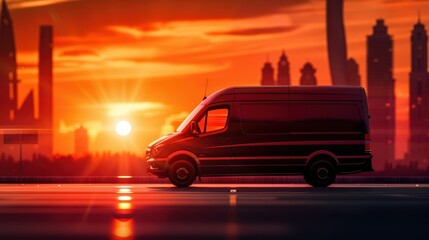 Silhouette of a delivery van driving through a futuristic cityscape at sunset, highlighting the urban skyline against a vivid sky.