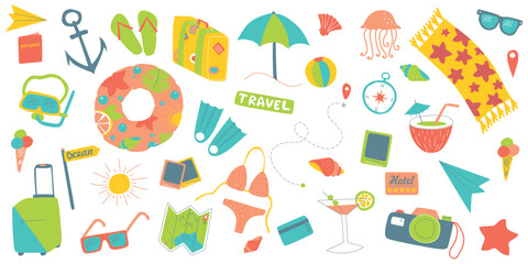 Set of summer Vacation items. Tropical sea, beach, and travel Concept. Vector Flat Cartoon Elements Collection Isolated on white. Summertime Equipment Umbrella, Ocean Shells, Ice cream for Sticker