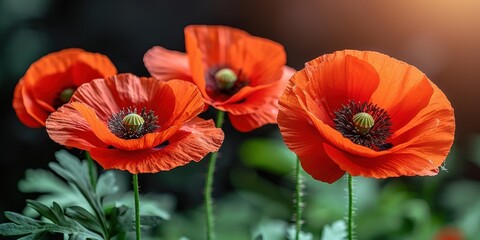 Fototapeta premium Red poppies blooming in a garden with soft sunlight