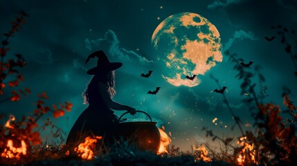Silhouette of a Witch Brewing a Potion Under a Full Moon.