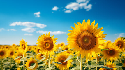 Obraz premium Sunflower field with cloudy blue sky