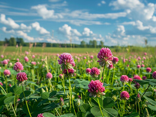 Fototapeta premium Blooming Red Clover Field Under a Sunny Summer Sky