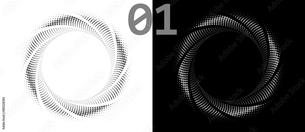 Poster Numbers ONE and ZERO in a spiral. Big data concept, logo or icon. Black shape on a white background and the same white shape on the black side.