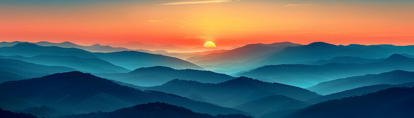 Fototapeta premium Mountain Range and Sunburst Photo Stock Concept: A Spectacular Photo Realistic Illustration of a Half Tone Mountain Range with a Sunburst, Ideal for Adventure and Tranquility Desig