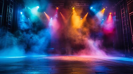 Colorful Stage Lights with Smoke and Wooden Floor