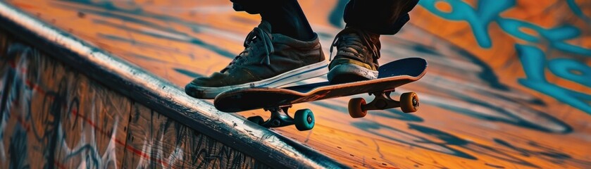 Close-up of skateboarder performing trick on rail at skatepark, showcasing skilled and dynamic action in an urban