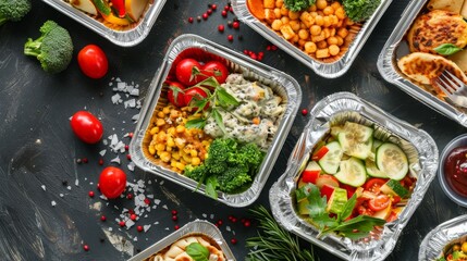 Delicious Takeout Meal with Corn, Broccoli, and Tomatoes in Aluminum Foil Containers