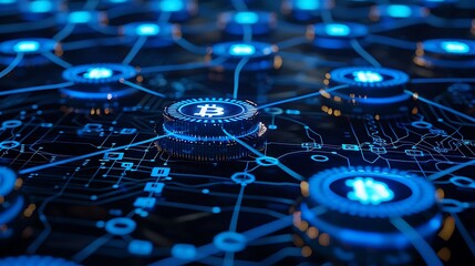 interconnected blockchain nodes, glowing blue lines and digital matrix background, representing secure and decentralized technology