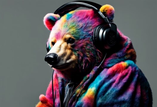 black suit mic podcast background adphones colorful bear retro colourful animal show entertainment music rock mp3 dance sing jazz funk zoo wildlife microphone recording studio