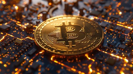 golden Bitcoin with a digital circuit board background, glowing elements, and futuristic design