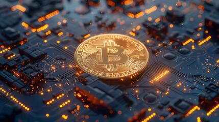 golden Bitcoin with a digital circuit board background, glowing elements, and futuristic design
