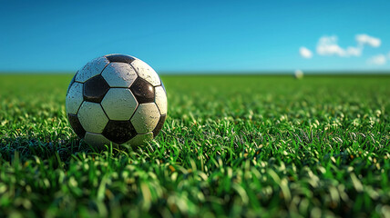 Fototapeta premium Soccer ball on a green field under a blue sky