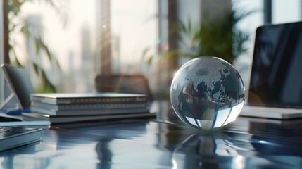 Glass Globe of Asia on Modern Desk with Laptop