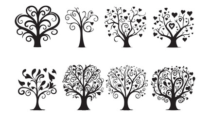 set of black silhouette love tree