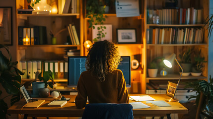Person Working From Home at Wooden Desk in Cozy Office