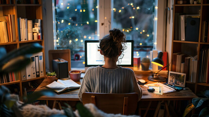 Person Working From Home at Cozy Wooden Desk with Decorations
