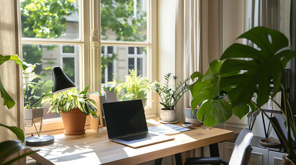 Well-Organized Home Office With Modern Desk and Green Plants