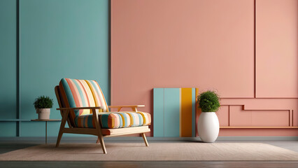 Abstract minimal concept. Pastel multi color vibrant groovy retro striped background wall frame with bright armchair decor. Mock up template for product presentation. 3D rendering. copy space