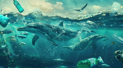 Fototapeta premium Dolphins Swimming Through Plastic Pollution in the Ocean