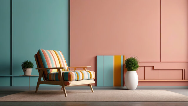 Abstract minimal concept. Pastel multi color vibrant groovy retro striped background wall frame with bright armchair decor. Mock up template for product presentation. 3D rendering. copy space - Powered by Adobe