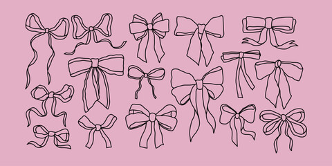 Hand-drawn naive various clip art gift bows. Monochrome line art graphic element for greeting cards, wedding invitations, posters, covers. Isolated vector illustration.
