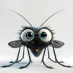 Close-up view of 3D rendered mosquito with large, orange eyes. Mosquito is facing camera, and its...