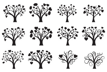 set of black silhouette love tree