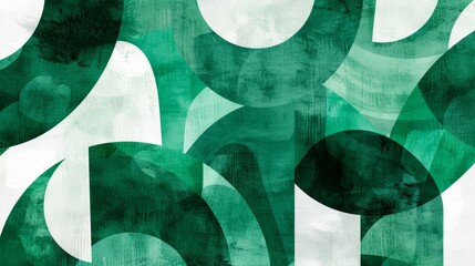 Abstract emerald green and white retro 70s overlapping shapes watercolor concept texture